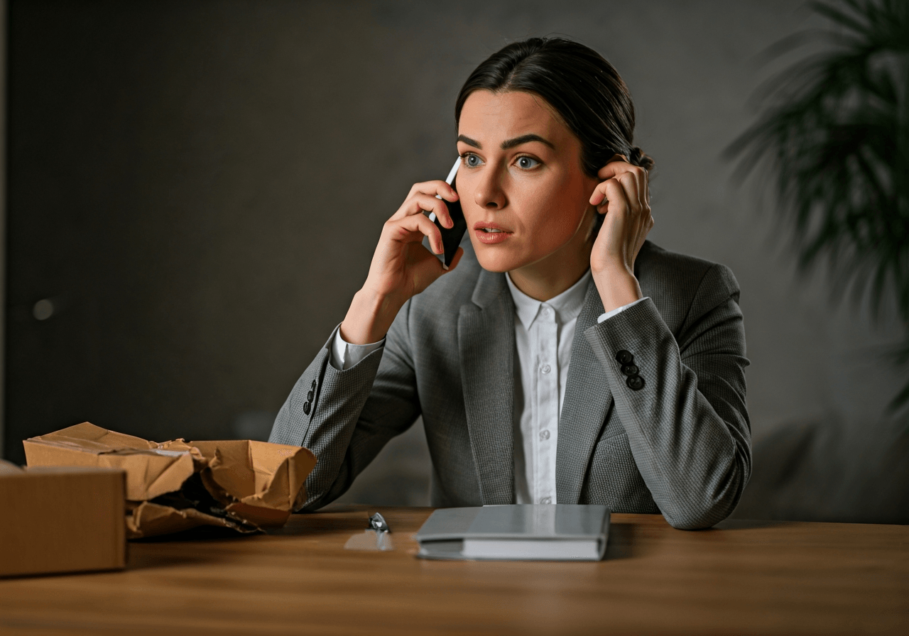Editorial photography, a customer on the phone looking frustrated at a damaged package, bright modern office setting, soft natural light, 85mm lens, no text, no words, no letters