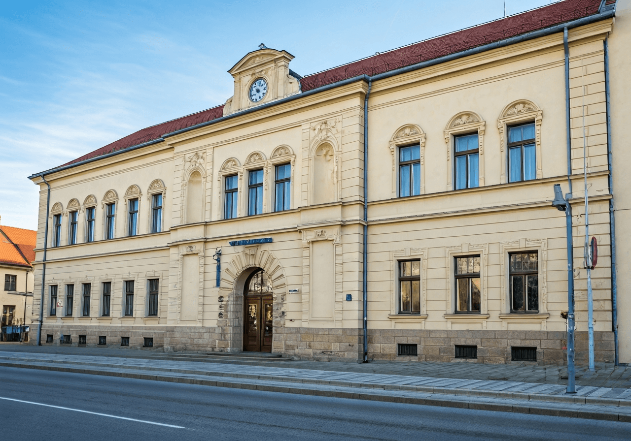Exterior view of a historic Czech post office building in Prachatice, clean architecture, daylight, editorial photography, 85mm lens, sharp focus, no text, no letters