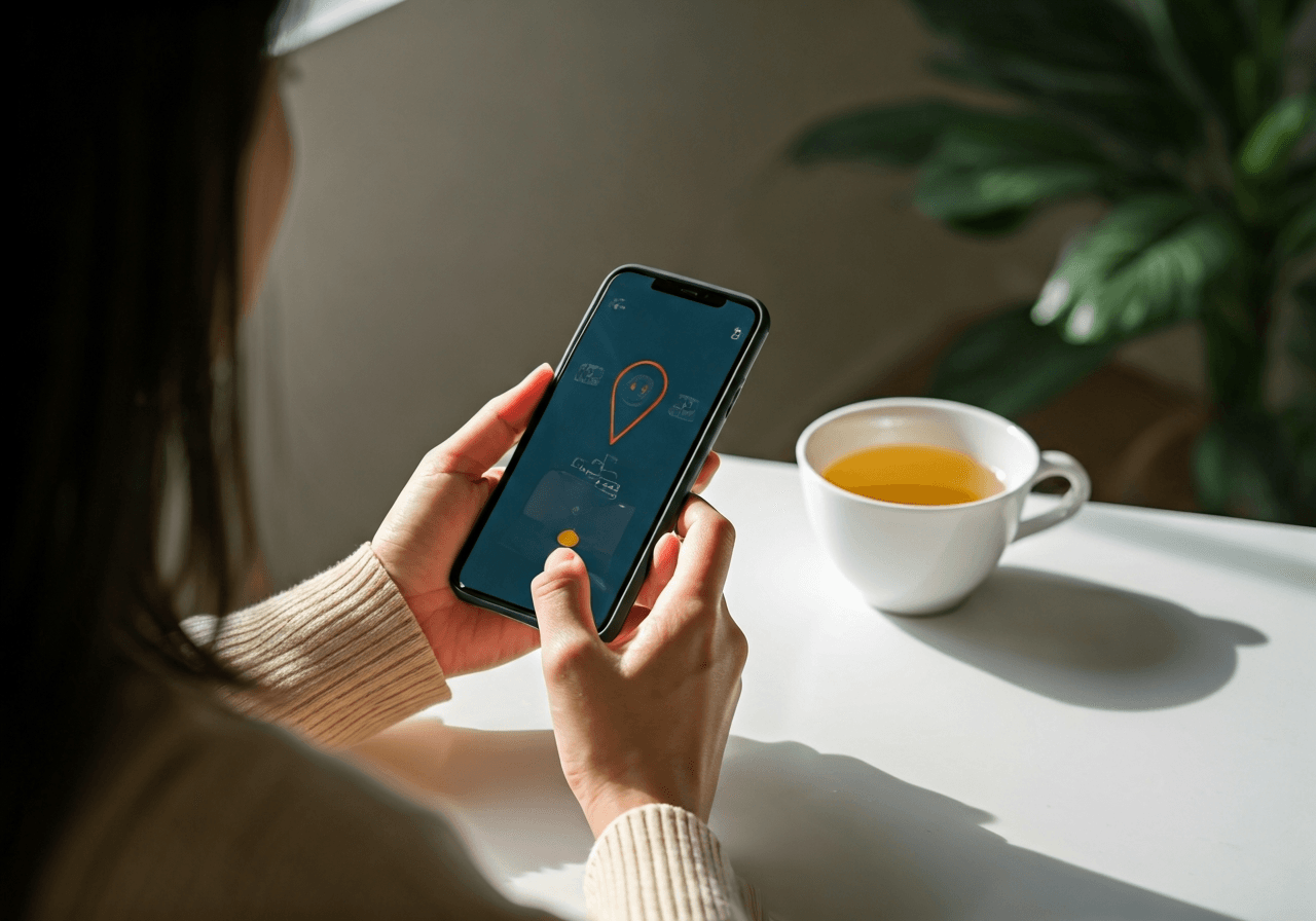 A person using a smartphone to track a package, sitting in a clean, minimalist home office environment with a cup of herbal tea nearby, soft morning natural light, editorial photography style, 85mm lens, high resolution, no text, no words, no letters.