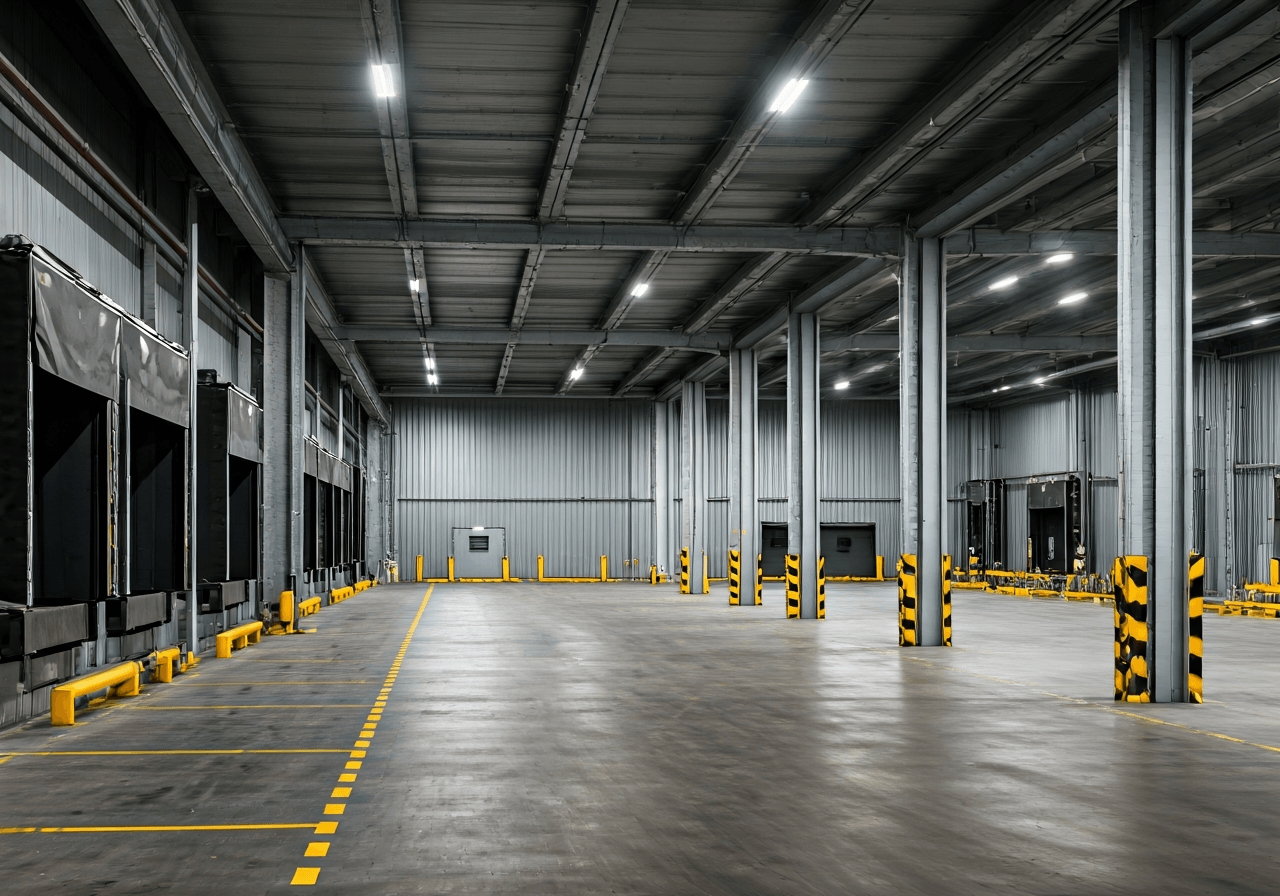 A professional logistics warehouse interior, empty loading docks with modern industrial architecture, clean and organized, cinematic editorial photography, soft natural light, 85mm lens, highly detailed, no text, no words, no letters