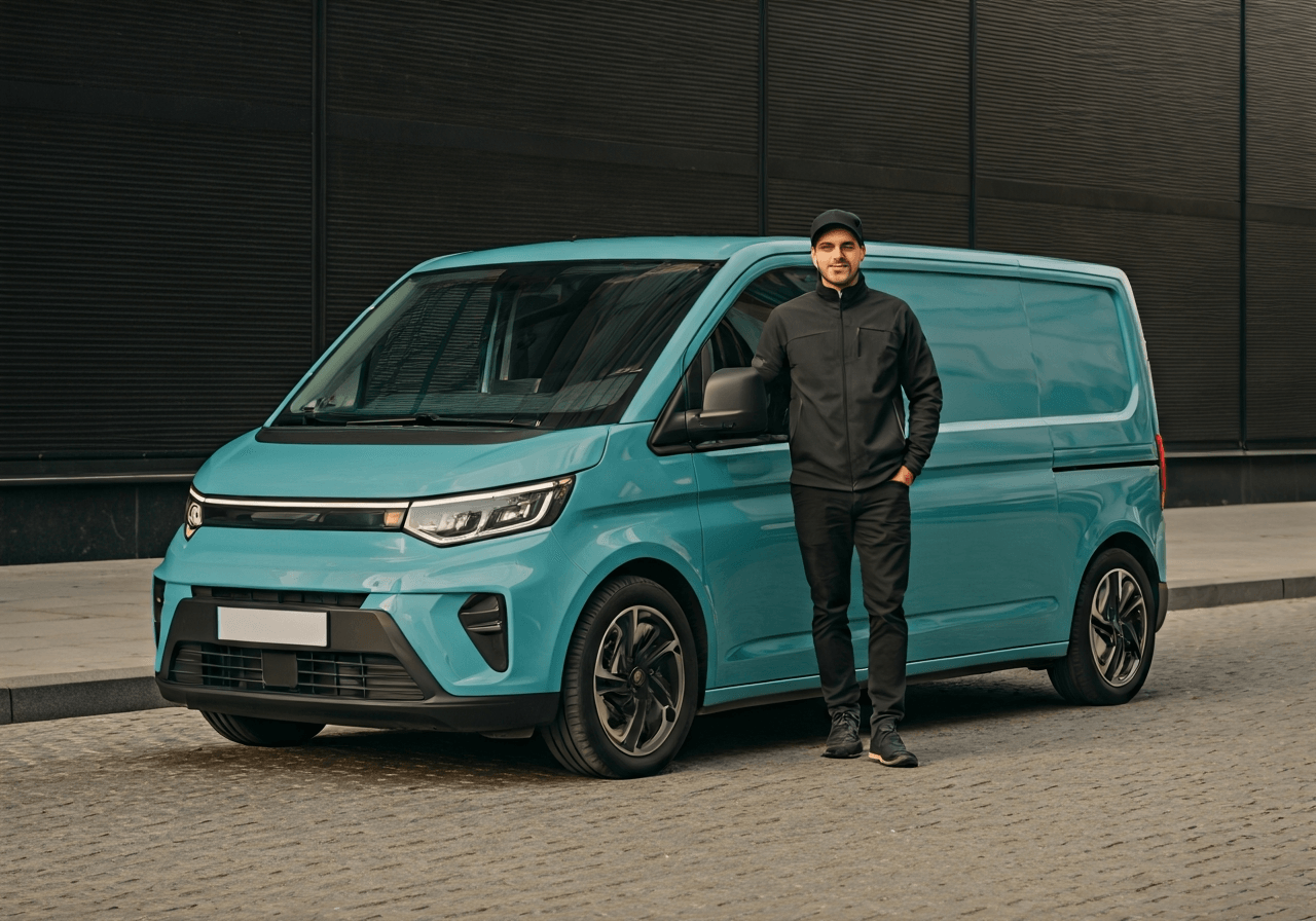 A professional delivery courier standing next to a modern electric delivery van in a clean urban setting during a weekend, natural soft morning light, editorial photography style, 85mm lens, high detail, no text, no words, no letters.