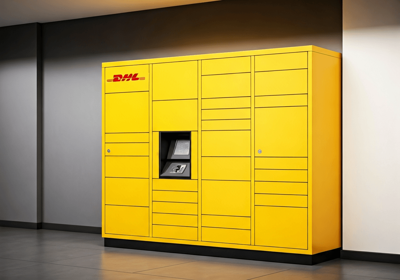 A modern DHL parcel locker located in a clean, brightly lit shopping center lobby, professional editorial style, soft ambient lighting, 85mm lens, high detail, no text, no words, no letters.