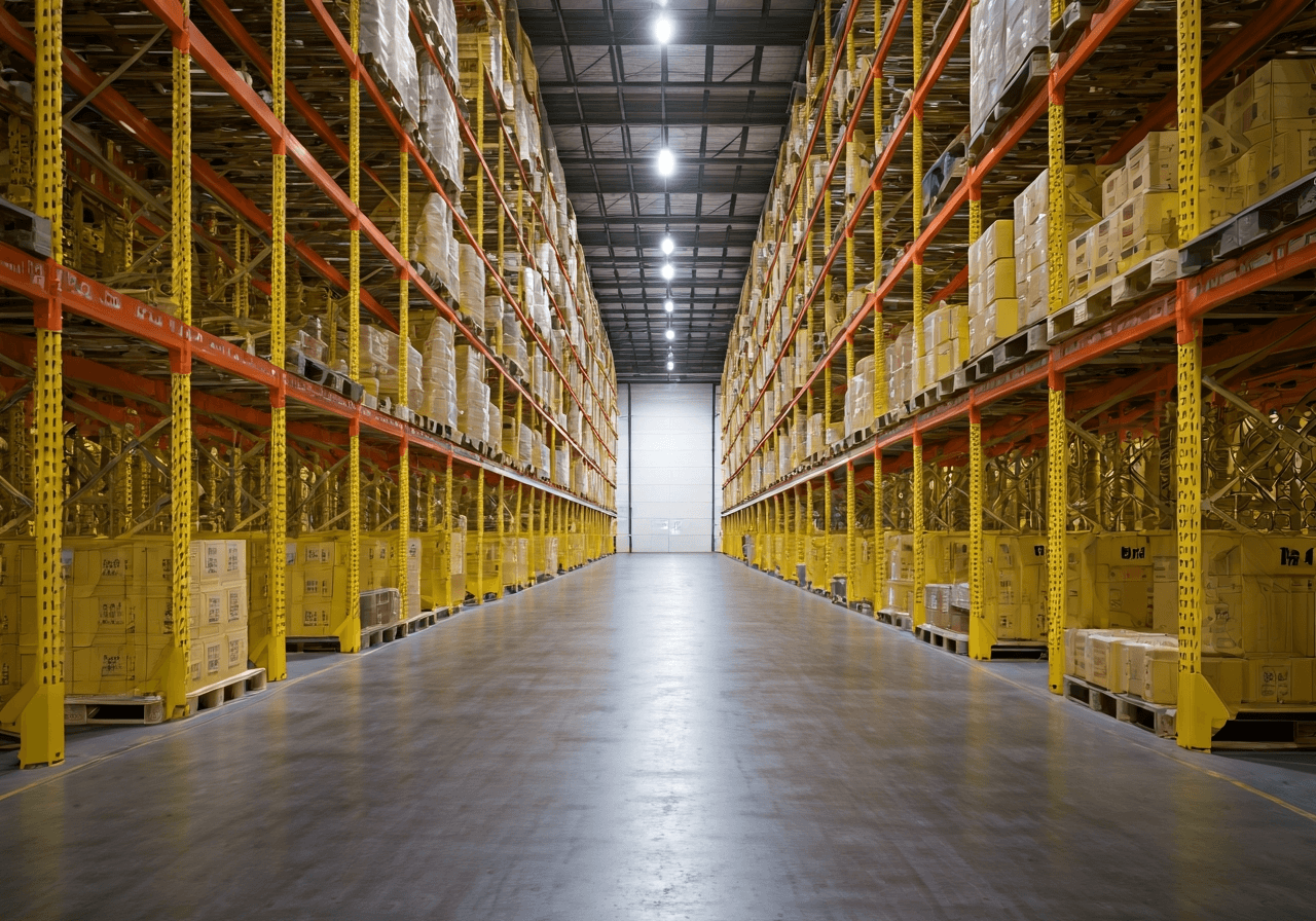 A high-tech logistics warehouse interior with organized pallets and modern yellow DHL branding, professional and clean industrial aesthetic, soft natural light, 85mm lens, highly detailed, no text, no words, no letters