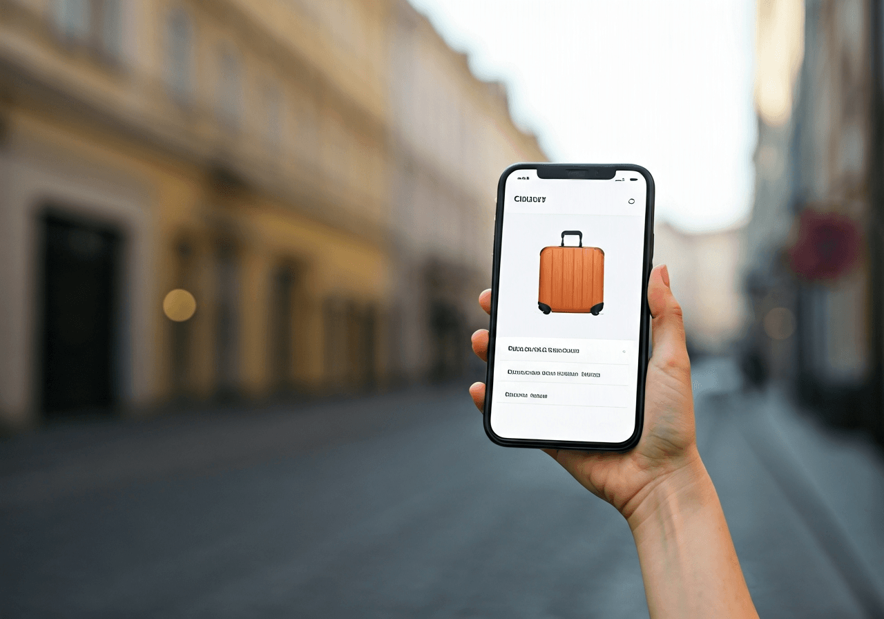 Úschovna zavazadel Ostrava Svinov: Kompletní přehled 2026 3 A modern smartphone screen showing a luggage storage booking app interface, blurred urban Ostrava street background, editorial photography style, clean aesthetic, soft natural daylight, 85mm lens, high quality, no text, no letters.
