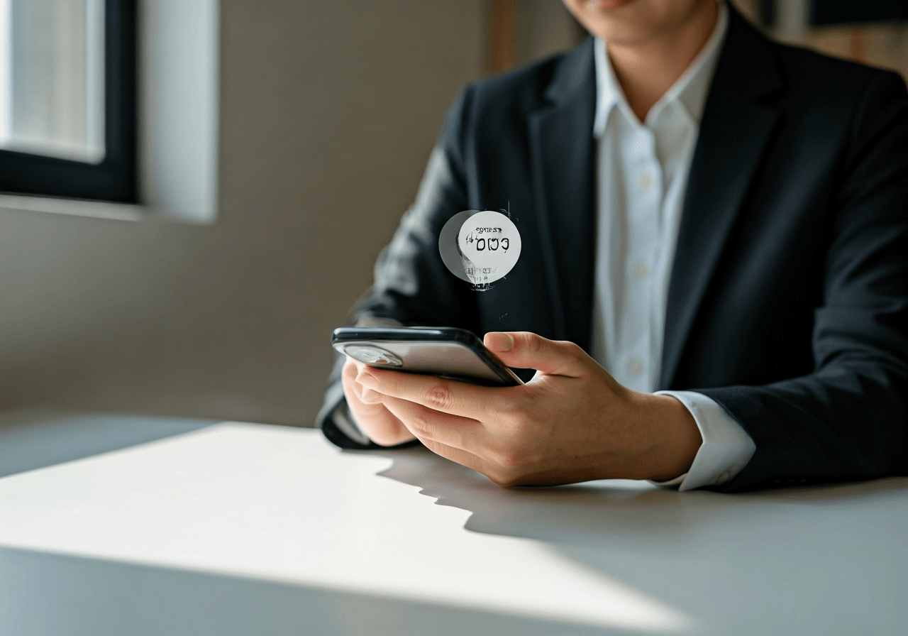 A professional person using a smartphone to track a package on a clean, modern desk, sunlight streaming through a window, editorial photography, 85mm lens, minimalist aesthetic, focus on digital interface, no text, no words, no letters