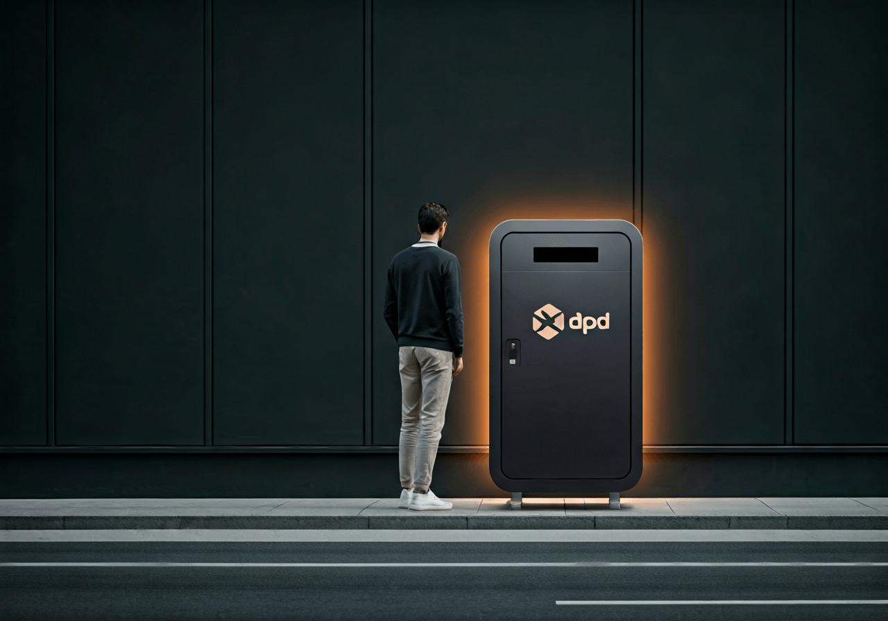 A person standing in front of a sleek, modern DPD Pickup Box in a clean urban environment, high-end editorial photography, soft natural daylight, shallow depth of field, 85mm lens, minimalist aesthetic, no text, no letters.