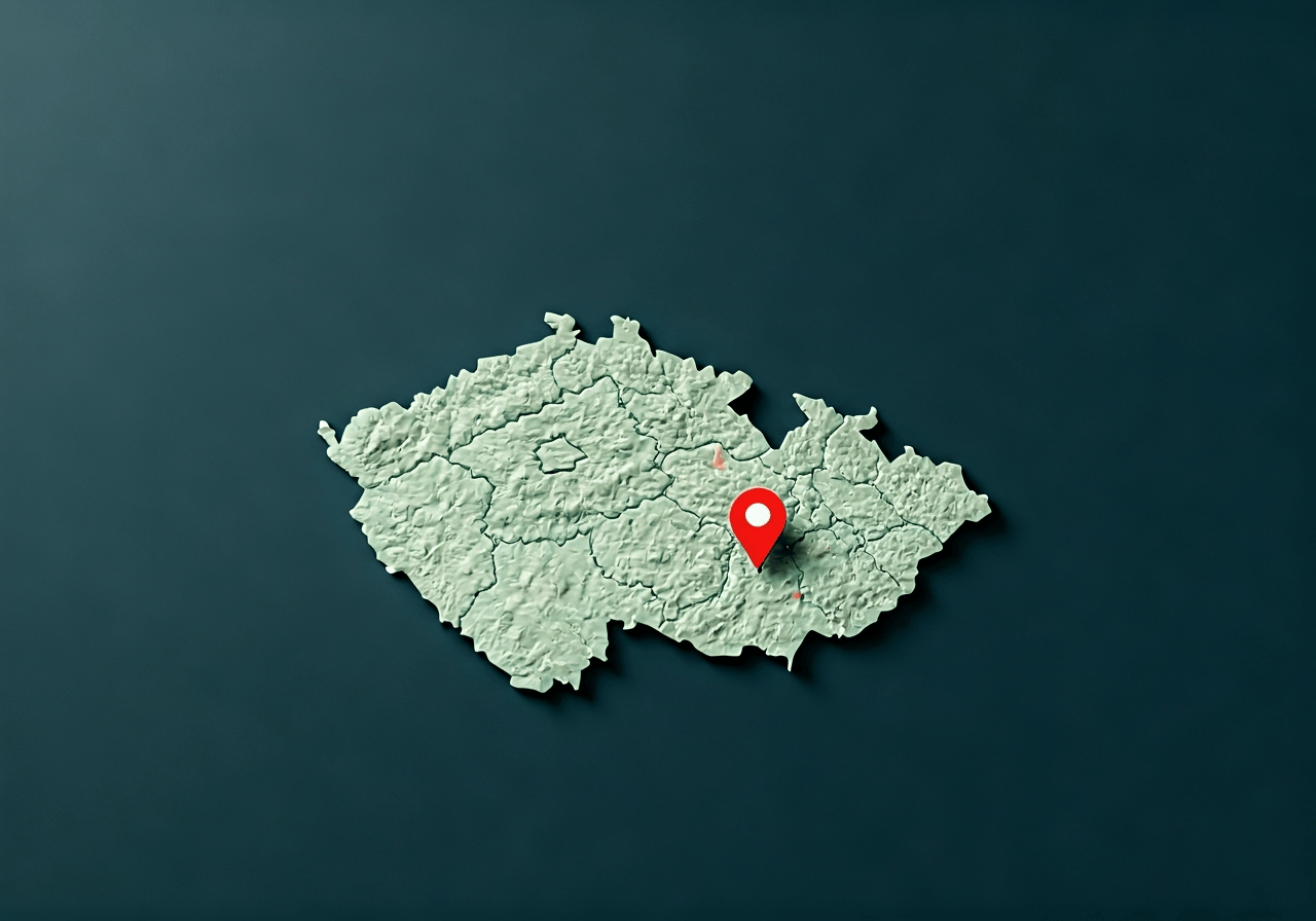 A detailed map visualization of the Czech Republic highlighting two distinct markers for Vsetín and Vysočina regions, editorial style, minimalist design, soft natural light, premium aesthetic, 85mm lens, no text, no words, no letters.