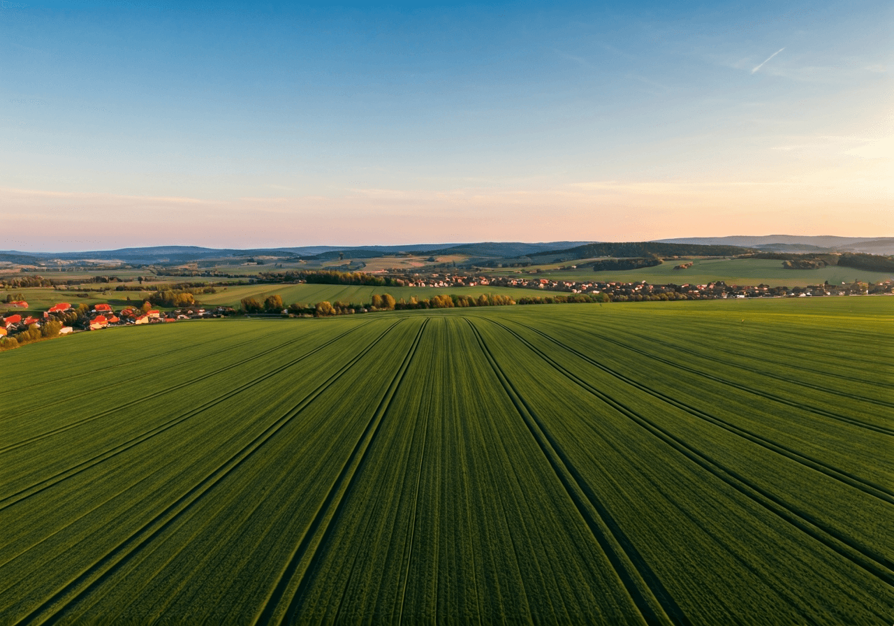 Aerial wide-angle view of a serene village landscape in the Highlands region of the Czech Republic, rolling hills with lush green fields, clean rural atmosphere, editorial photography, soft morning natural light, 85mm lens, high resolution, no text, no letters