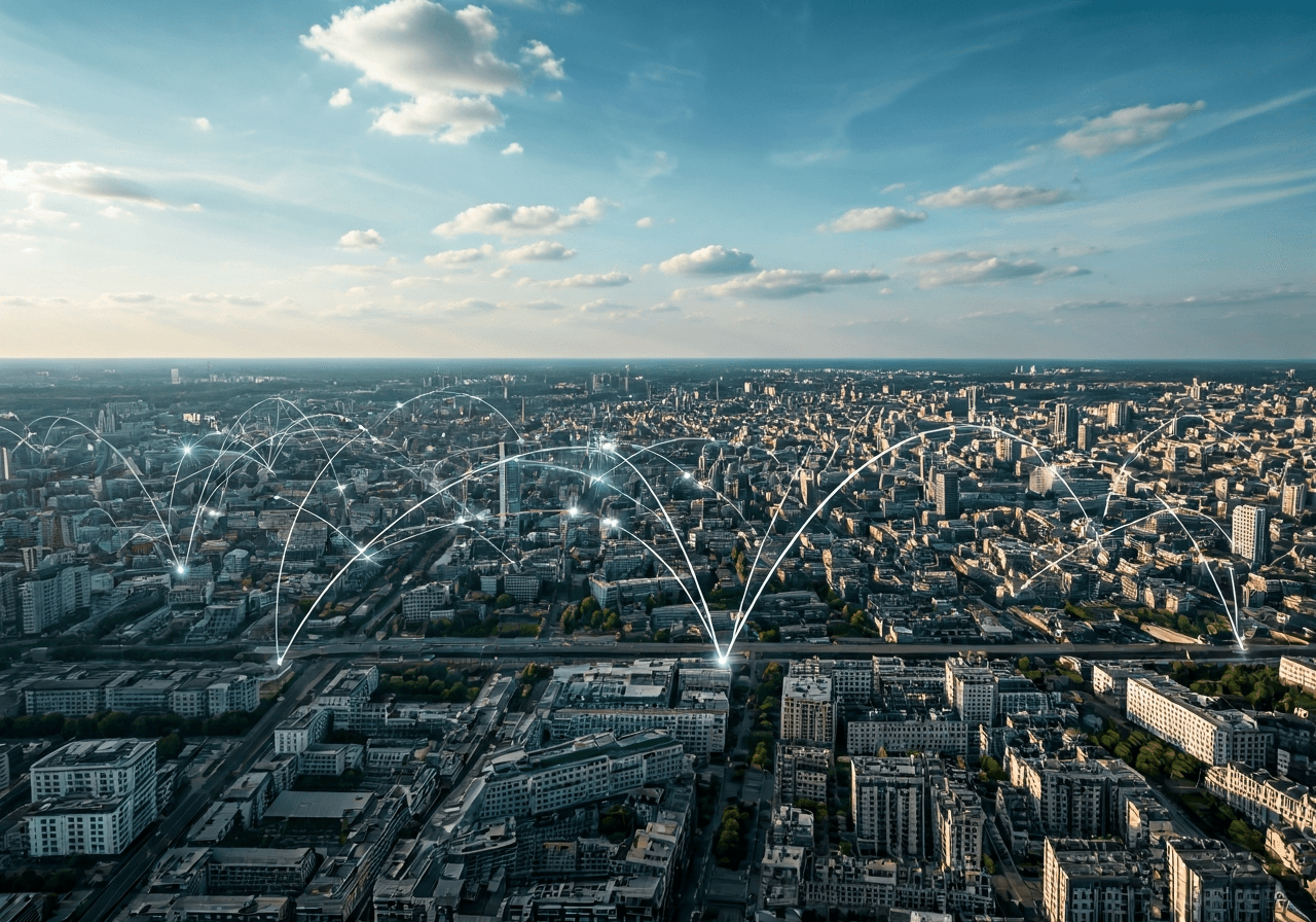 A professional logistics map overlaying a modern European city, conceptual editorial photography showing data nodes and connectivity, clean aesthetic, soft natural light, 85mm lens, highly detailed, no text, no words, no letters