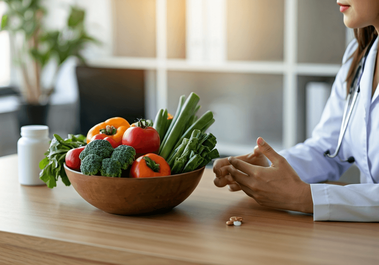 Editorial photography, a professional nutritionist in a bright modern office consulting with a patient, focus on a bowl of vibrant organic vegetables and supplements on a wooden desk, soft natural morning light, 85mm lens, highly detailed, professional atmosphere, no text, no letters
