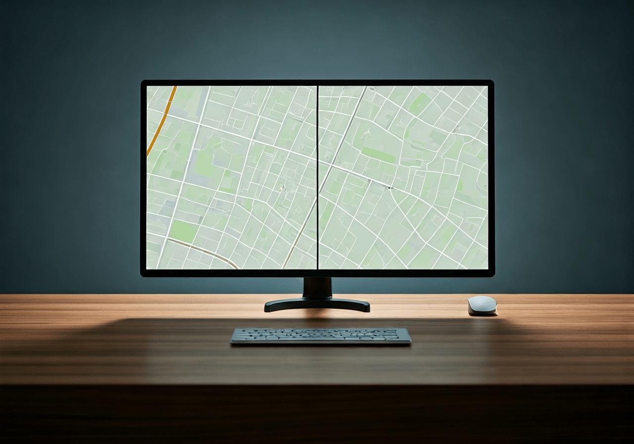A professional logistics concept showing a split-screen map navigation on a clean, modern desk, high-end editorial aesthetic, soft natural daylight, shallow depth of field, 85mm lens, high resolution, no text, no words, no letters.