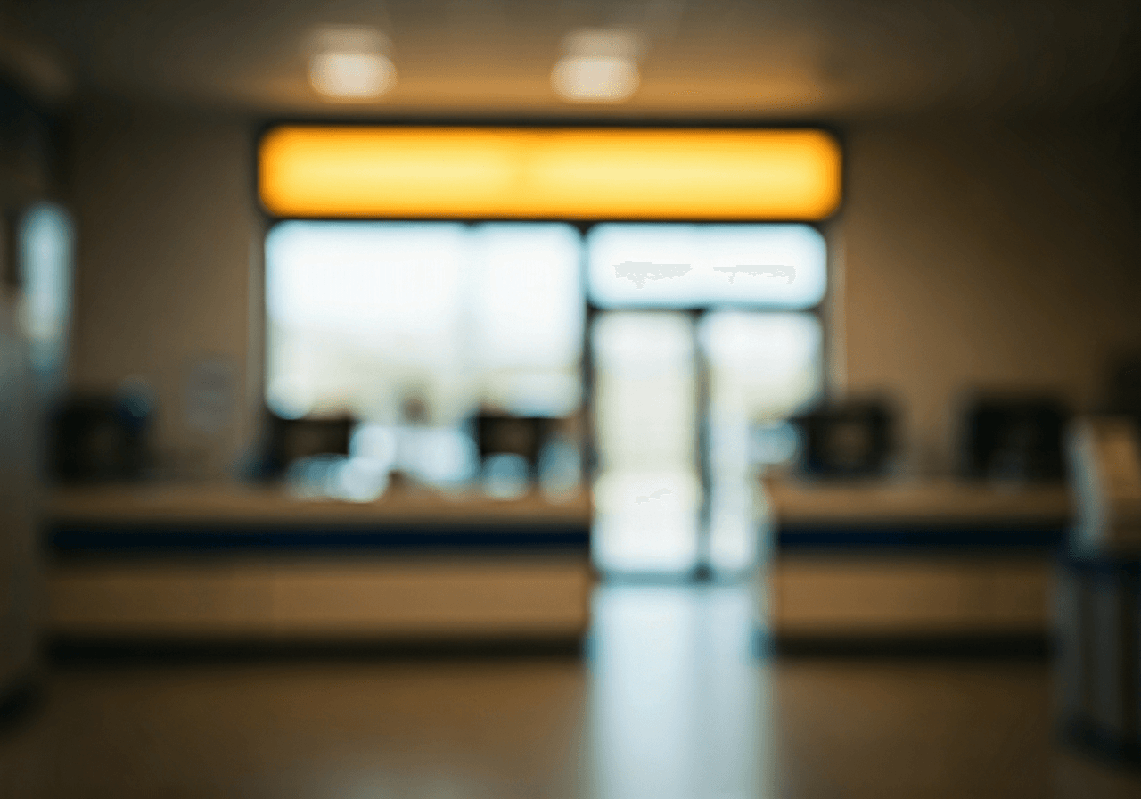 Editorial photography, a clean and modern post office interior with blurred background, professional signage design, soft natural morning light, 85mm lens, minimalist aesthetic, highly detailed, no text, no words, no letters