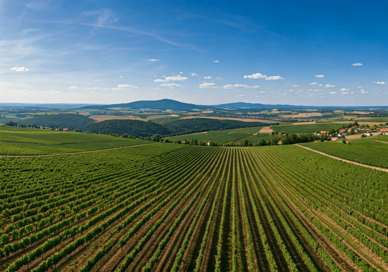 Aerial view of the Moravian landscape surrounding Ratíškovice, rolling hills with vineyards and forests, sunny atmosphere, high resolution, editorial photography, 85mm lens, no text, no letters