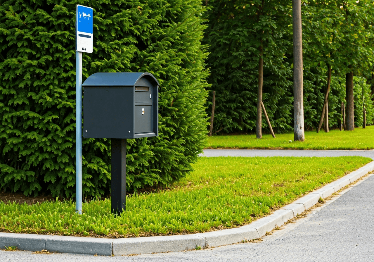 A professional, clear view of a modern mailbox and street signage in a quiet, idyllic residential area of Ratíškovice, soft natural light, editorial photography style, 85mm lens, high resolution, no text, no words, no letters.