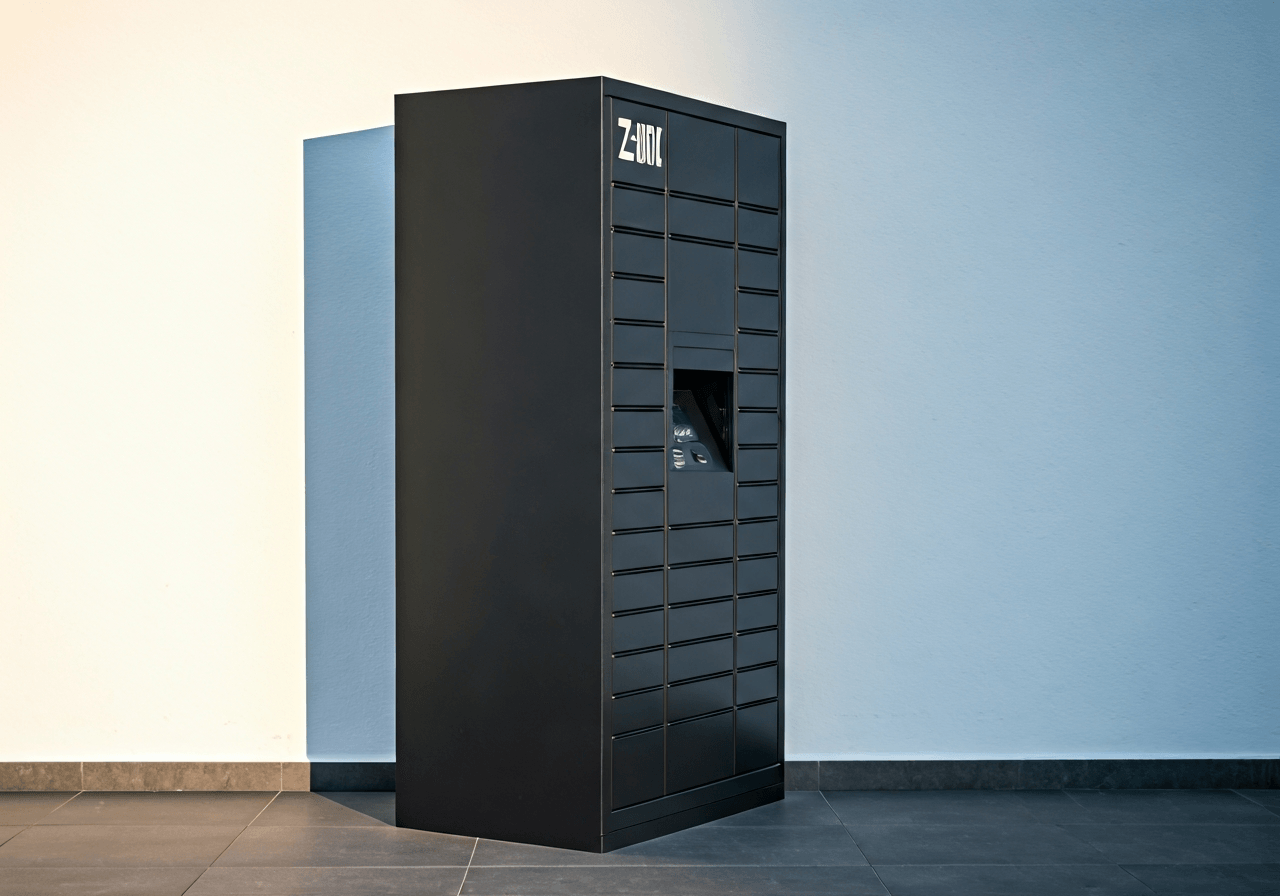 A modern Z-BOX automated parcel locker situated in a clean urban environment in Náchod, Kladské pomezí region, soft natural daylight, 85mm lens, high quality editorial photography, sharp focus, no text, no words, no letters