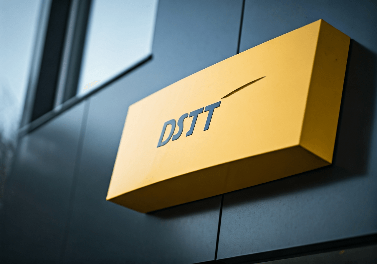 A high-angle close-up shot of an official Czech post office sign on a modern building facade, soft natural morning light, blurred residential background, clean architectural aesthetic, 85mm lens, high resolution, no text, no letters