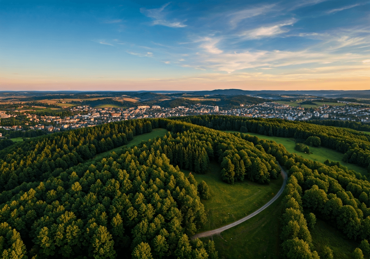 Aerial view of Proboštov and the green Krušné hory foothills, peaceful residential area with surrounding nature, editorial landscape photography, soft natural morning light, wide angle 35mm lens, high resolution, no text, no letters