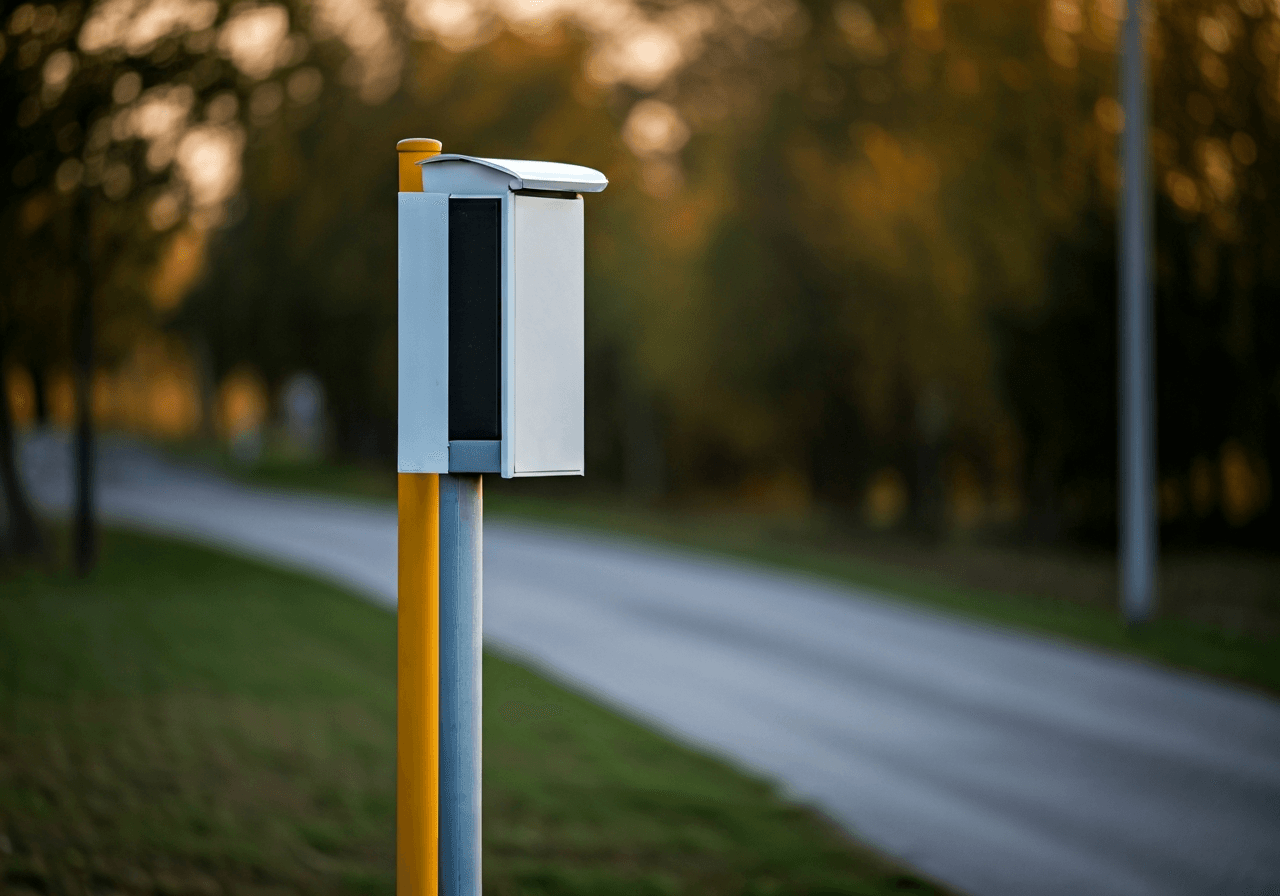 A high-quality editorial shot of a modern, clean street sign and a rural mailbox in the picturesque village of Dýšina, soft natural sunlight, shallow depth of field, 85mm lens, premium atmosphere, no text, no letters.