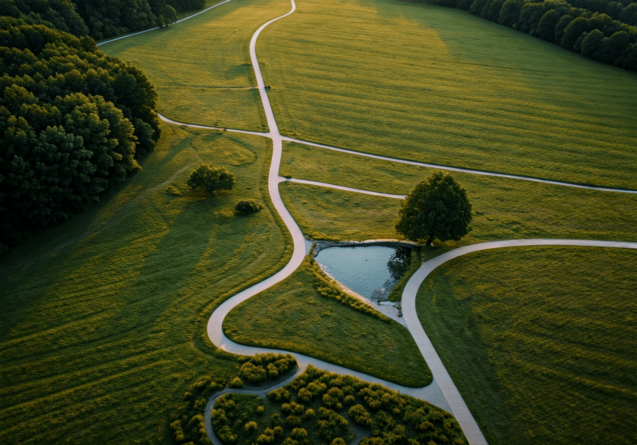 Aerial view of the serene landscape surrounding Dysina, lush greenery and walking paths connecting to nature, modern clean aesthetic, soft morning light, editorial photography style, 85mm lens, no text, no words, no letters