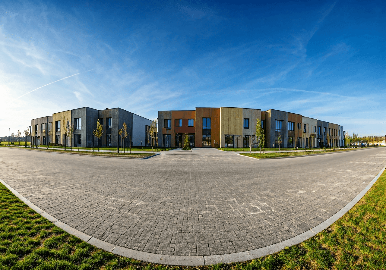 A wide-angle architectural shot of the modern village center in Dukovany, clean infrastructure, manicured green spaces, soft natural sunlight, professional editorial photography, 85mm lens, high detail, no text, no letters.