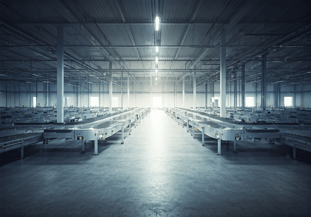 A wide-angle editorial shot of a modern, high-tech logistics hub with sleek conveyor systems and organized package sorting, bright daylight, professional aesthetic, minimalist workspace, premium quality, no text, no letters