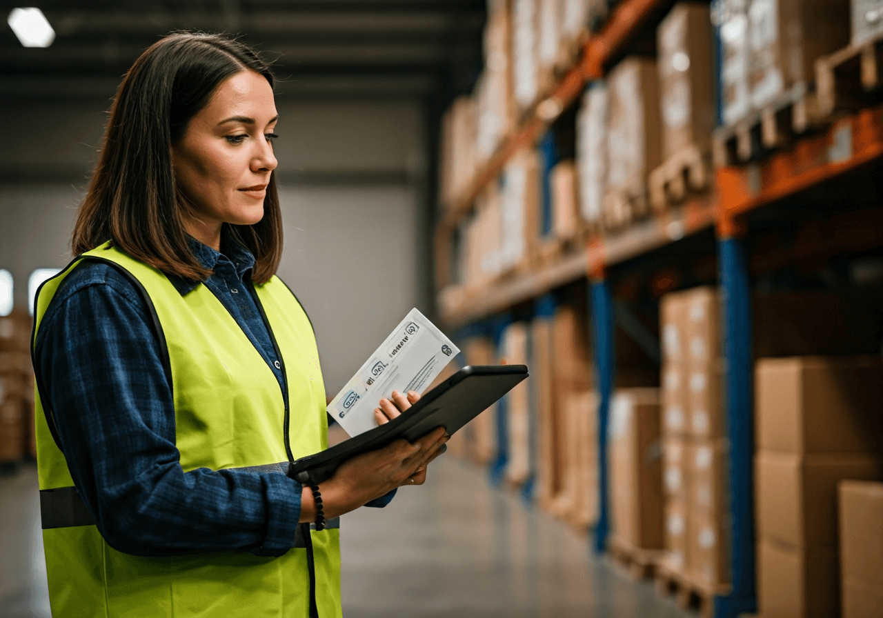 A professional logistics warehouse manager inspecting premium health supplement packages with a tablet, modern clean industrial background, soft natural lighting, editorial photography style, 85mm lens, high resolution, no text, no words, no letters.