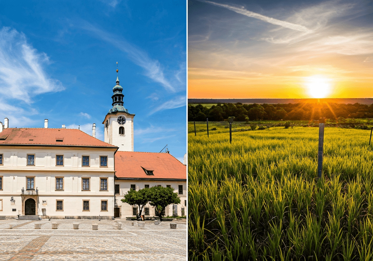 A split screen composition showing a historic Czech architecture in Vsetin on the left and a rural American landscape in Bowie County, Texas on the right, editorial style, high resolution, soft natural lighting, 85mm lens, no text, no words.