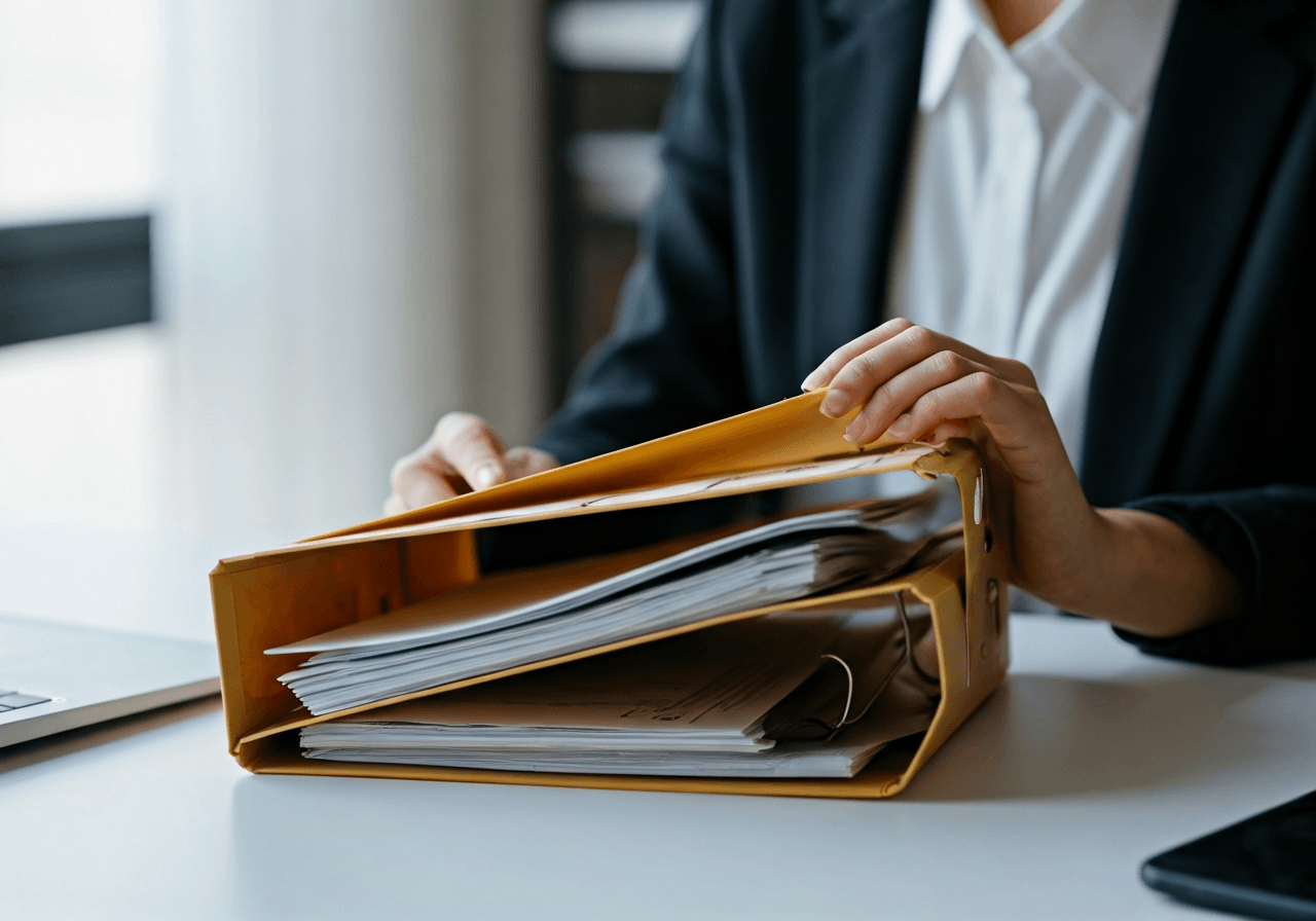 Professional business woman working with formal postal documents and logistics folders in a modern, light-filled office, premium editorial style, soft natural light, 85mm lens, sharp focus, no text, no words, no letters
