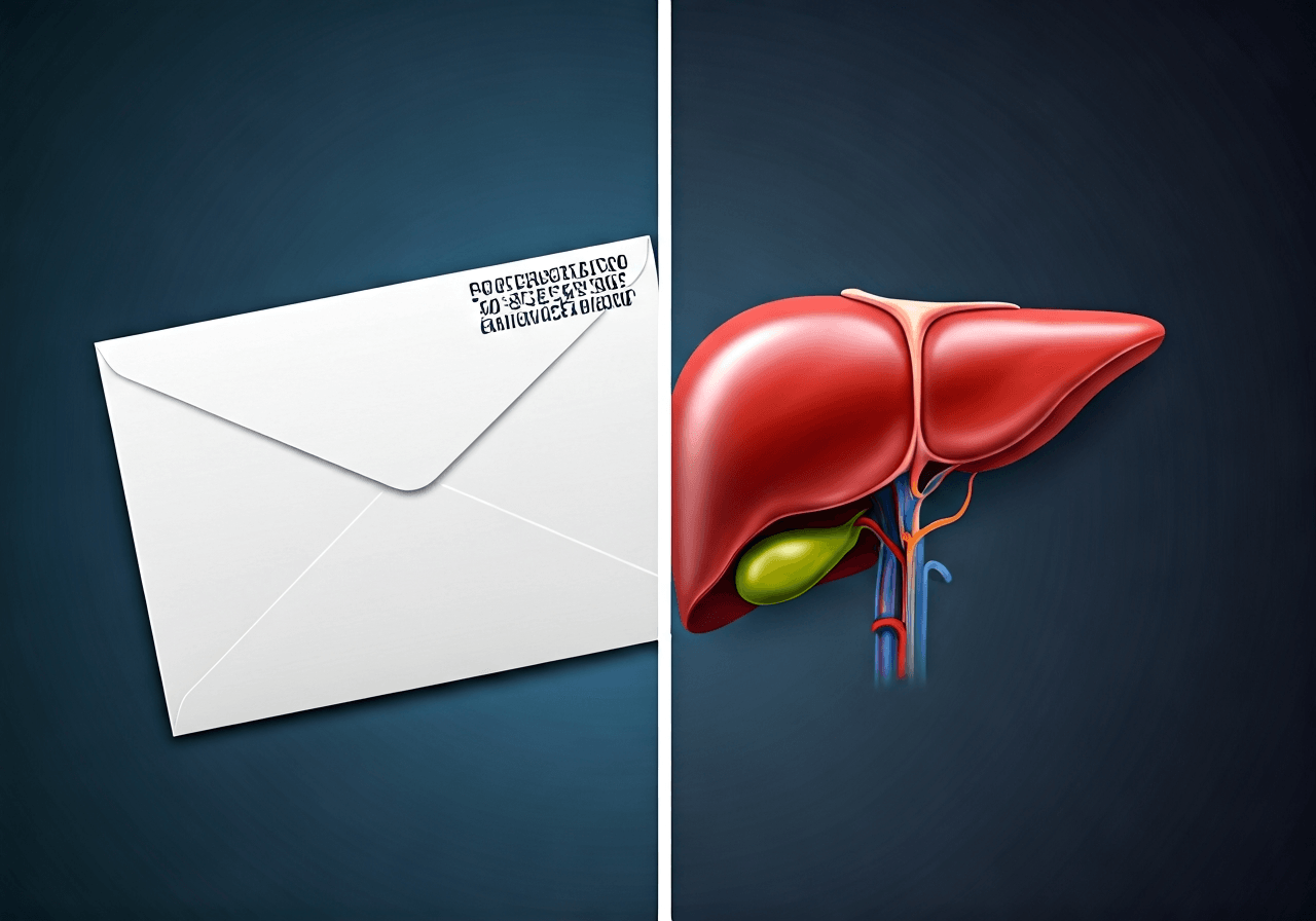 A conceptual split-screen image showing a high-quality physical letter with a postcode on one side and a medical illustration of human liver anatomy on the other side, clinical and professional aesthetic, soft natural light, 85mm lens, highly detailed, no text, no letters