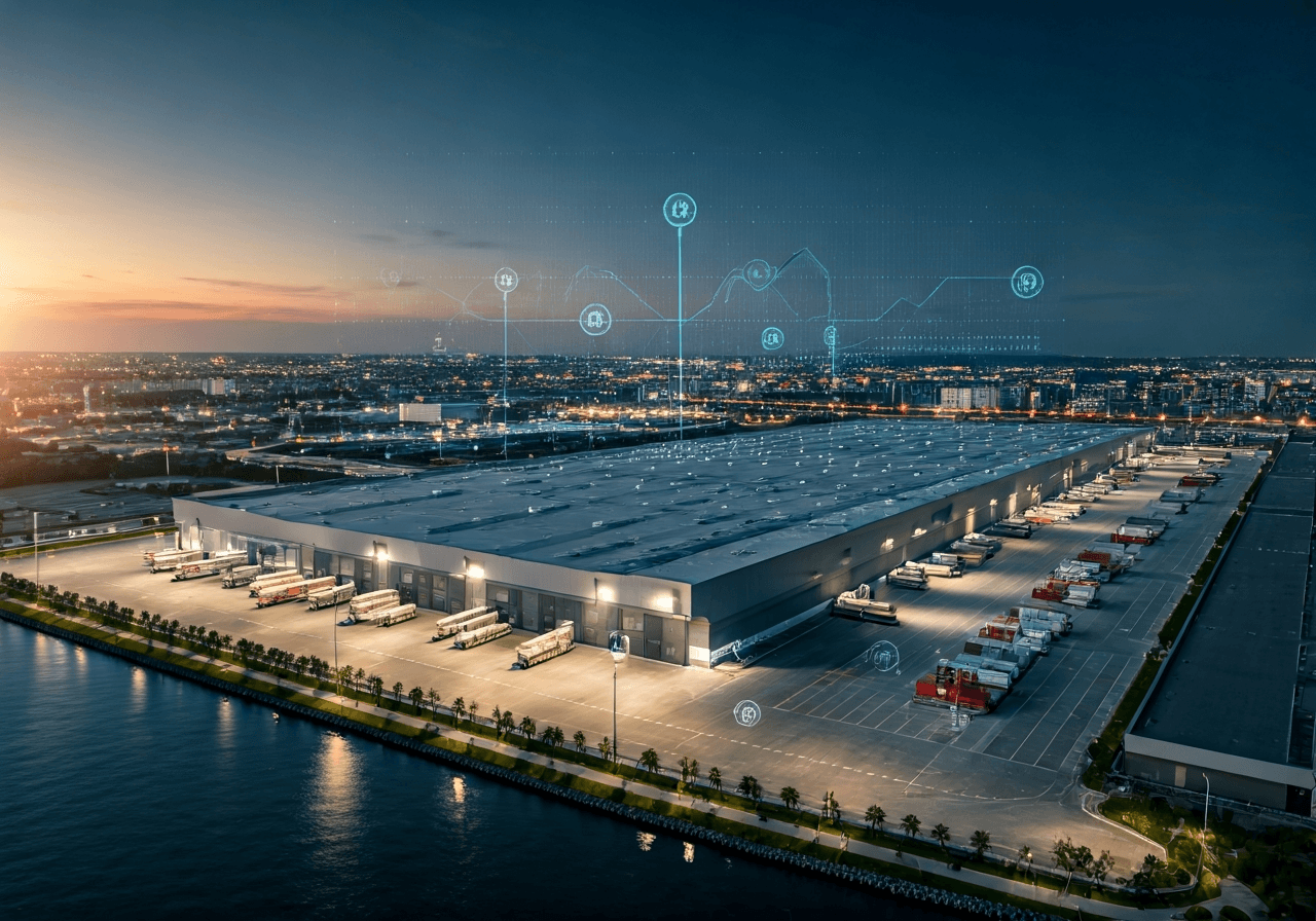 Aerial view of a modern logistics center with digital data overlays representing geographic coordinates, sleek technology aesthetic, premium professional photography, cinematic soft lighting, 85mm lens, high resolution, no text, no words, no letters.