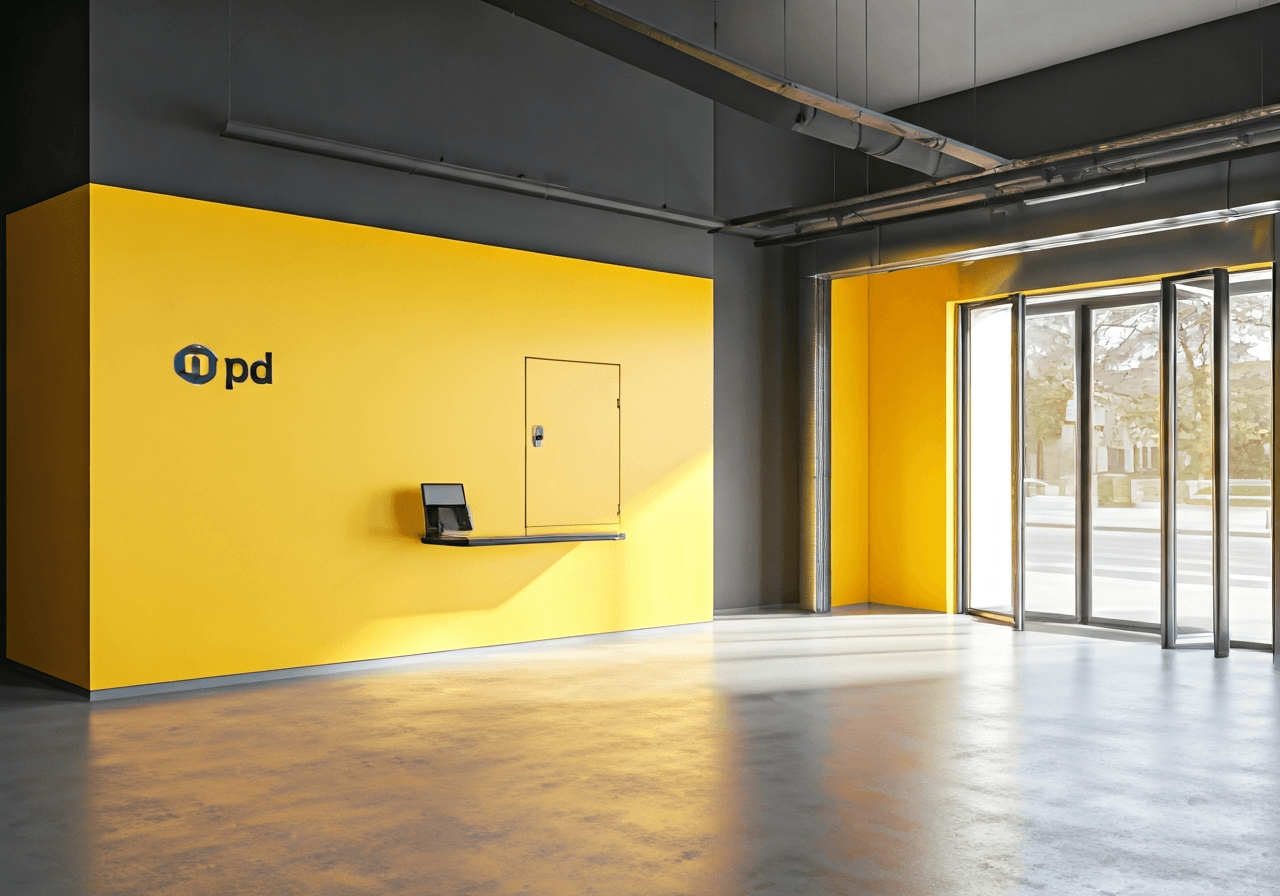 A modern logistics delivery point with DPD branding in a bright, clean urban setting, minimalist interior, soft natural light, editorial photography, 85mm lens, no text, no words, no letters