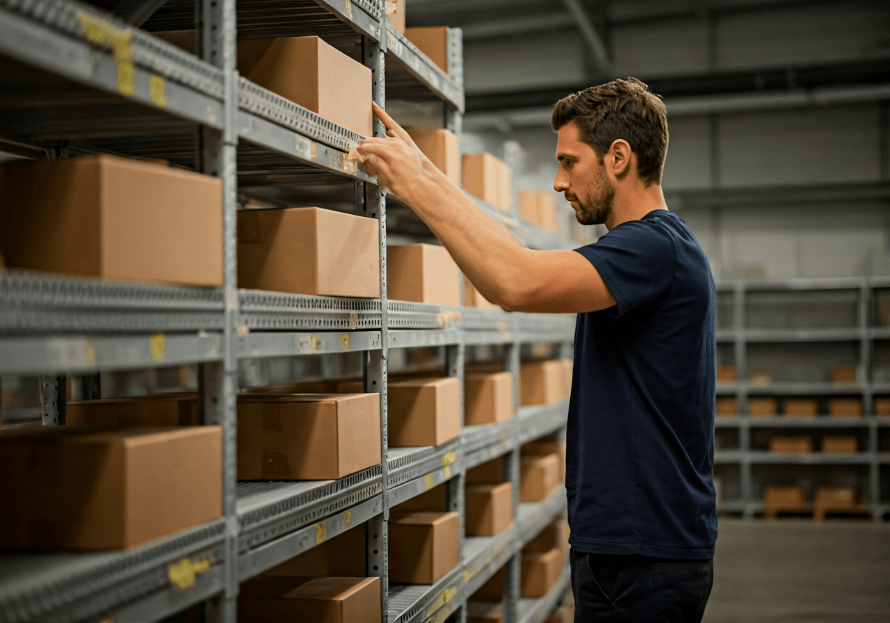 A professional logistics warehouse worker sorting standardized parcels on a clean metal shelving unit, modern industrial environment, clean aesthetic, editorial photography, soft natural light, 85mm lens, depth of field, no text, no letters