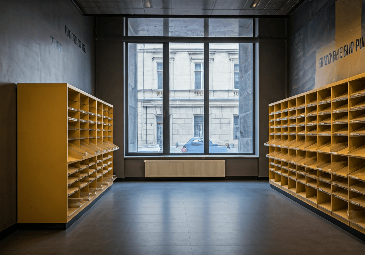 Modern post office interior, clean minimalist design with organized parcel storage, Liberec urban setting visible through a large window, editorial photography, soft natural light, 85mm lens, highly detailed, no text, no letters