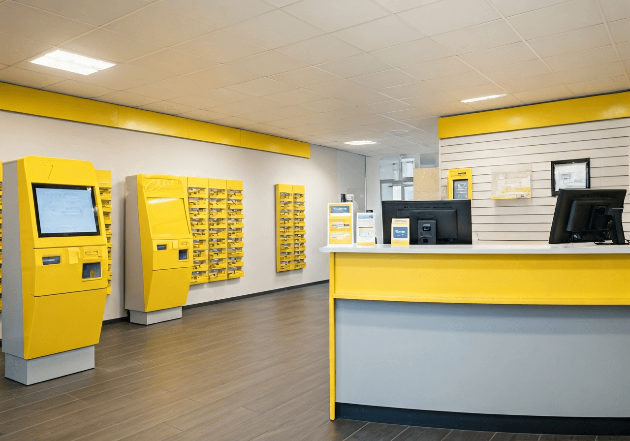 A professional interior of a modern Czech Post office branch in Liberec with a focus on a clean, organized digital kiosk and service desk, editorial photography, soft natural light, 85mm lens, highly detailed, no text, no letters