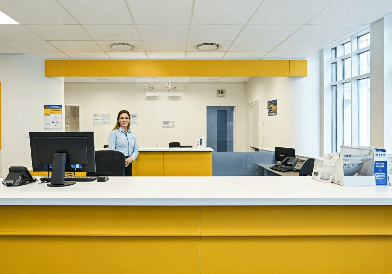 A professional, modern post office interior, service counter with a friendly postal clerk, clean signage in a bright office environment, editorial photography, 85mm lens, soft natural lighting, high quality, no text, no words, no letters.