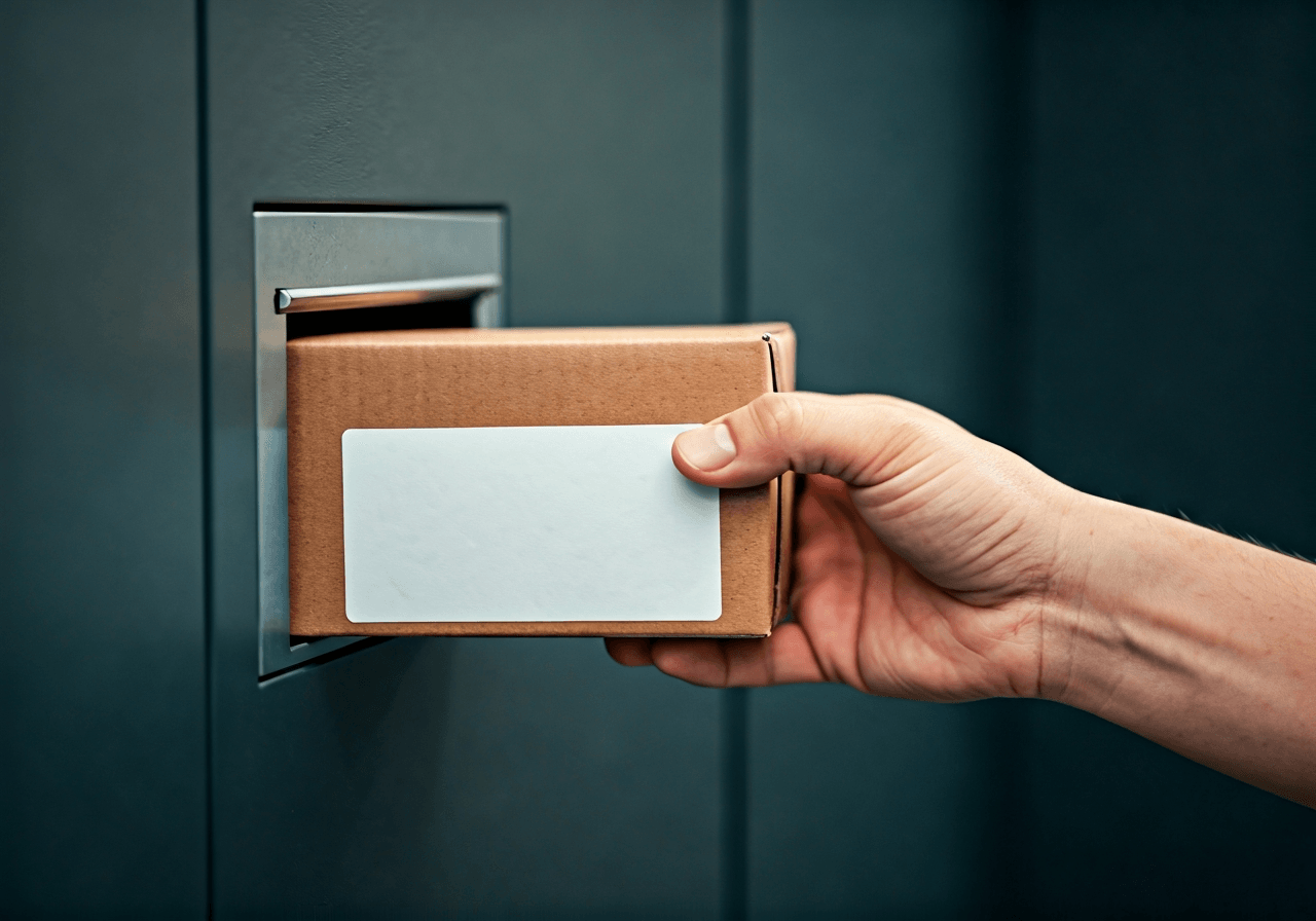 Editorial photography, close-up of a professional courier hand placing a well-labeled parcel into a modern mail slot, soft natural daylight, shallow depth of field, 85mm lens, high resolution, clean and minimalist aesthetic, no text, no letters