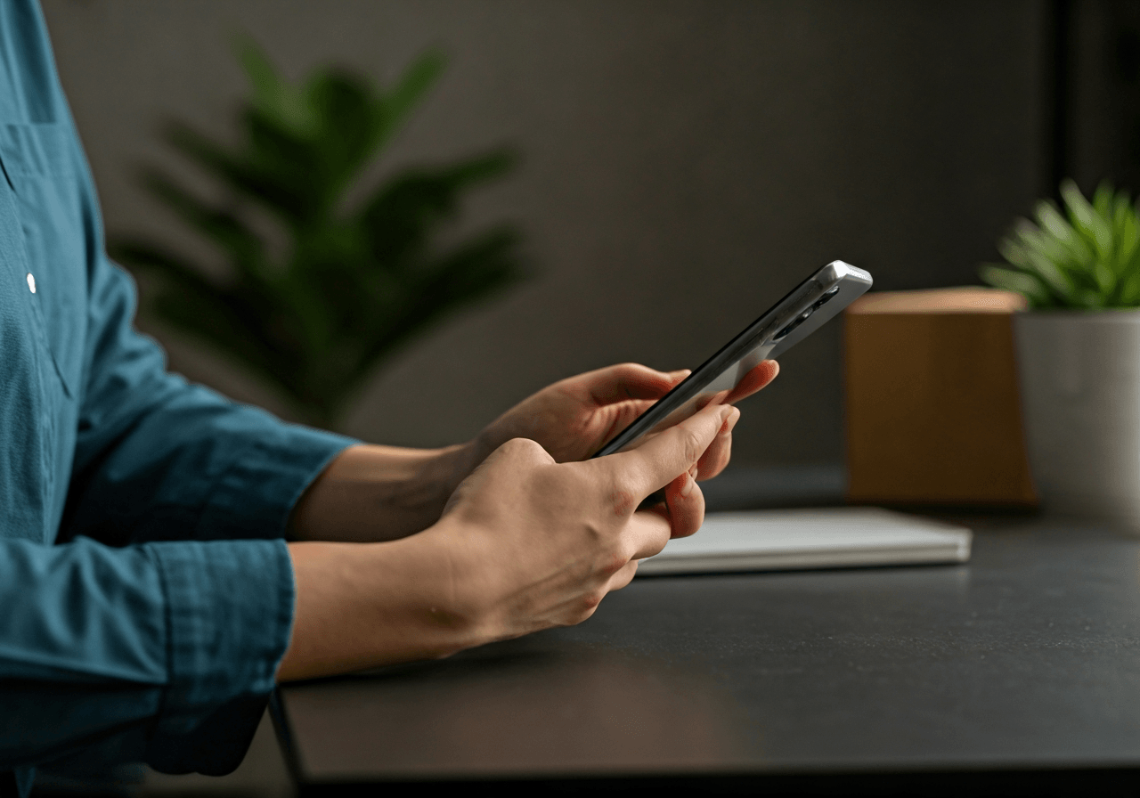 A professional nutritionist using a smartphone to manage package tracking, modern sleek workspace with organic elements, soft natural light, shallow depth of field, editorial photography, 85mm lens, high resolution, no text, no letters