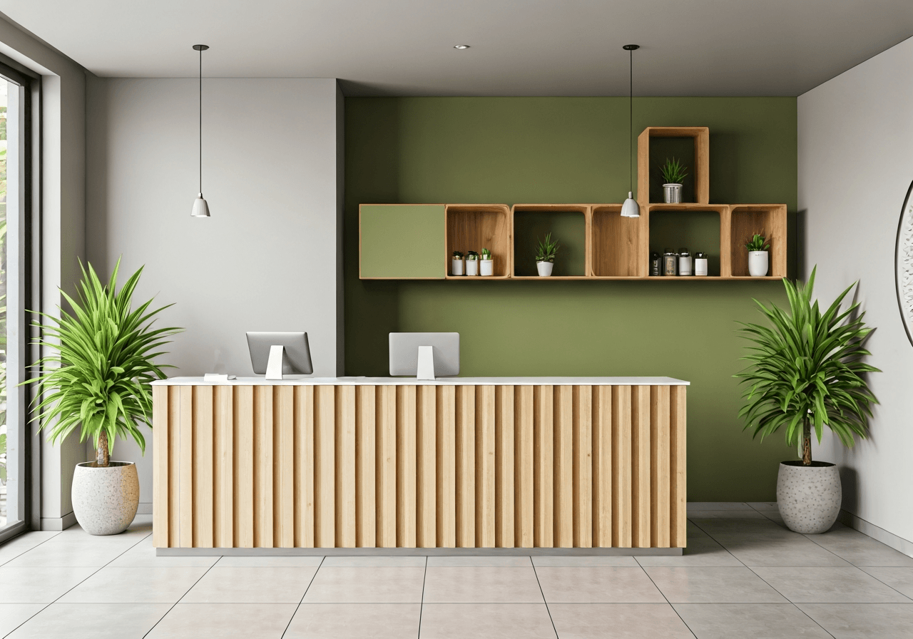 A cozy, modern retail health food store interior in Rajhrad with a professional service counter for parcel pickup, warm wooden elements, soft natural light, editorial photography, 85mm lens, high quality, no text, no words, no letters.
