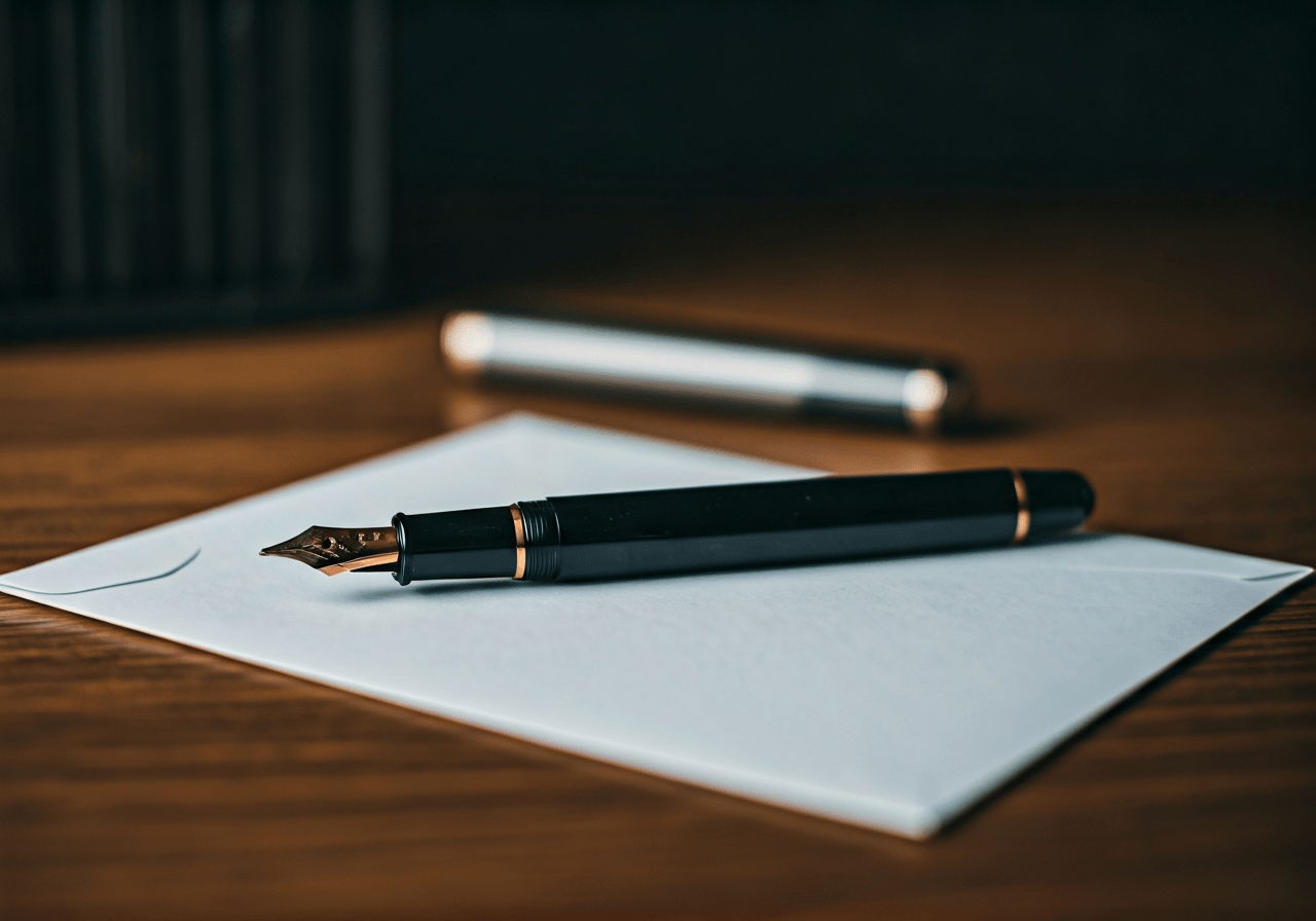 A high-angle close-up of a modern, organized desk with a vintage fountain pen resting on a crisp white envelope, soft natural light, editorial aesthetic, 85mm lens, highly detailed, no text, no words, no letters.