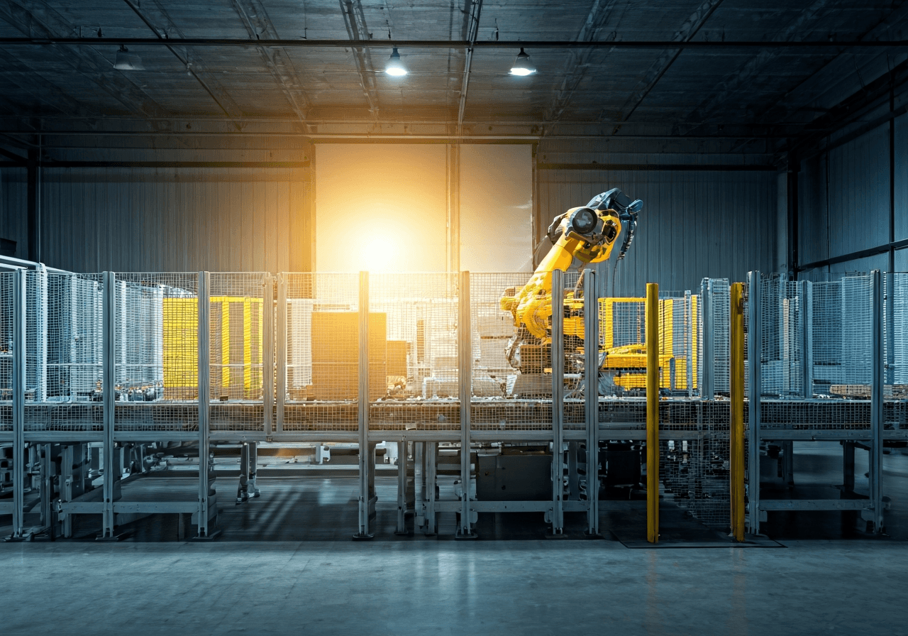 A professional logistics warehouse interior, a high-tech robotic sorting arm handling parcels, clean modern industrial design, bright natural morning light, editorial photography style, 85mm lens, sharp focus, no text, no letters