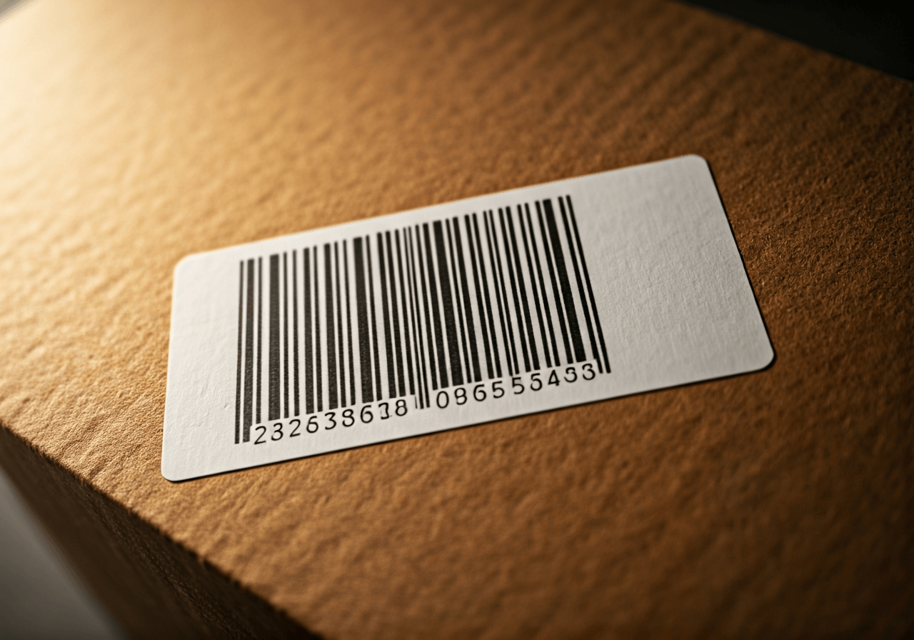 A close-up, high-quality editorial shot of a modern shipping label on a cardboard box, focused on a scannable barcode and an alphanumeric tracking code, clean aesthetic, soft natural light, shallow depth of field, 85mm lens, no text, no words, no letters.