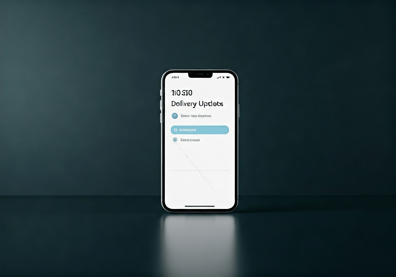 A smartphone displaying a notification screen with delivery updates, sleek modern interior background, editorial photography, high quality, soft natural light, 85mm lens, no text, no words, no letters