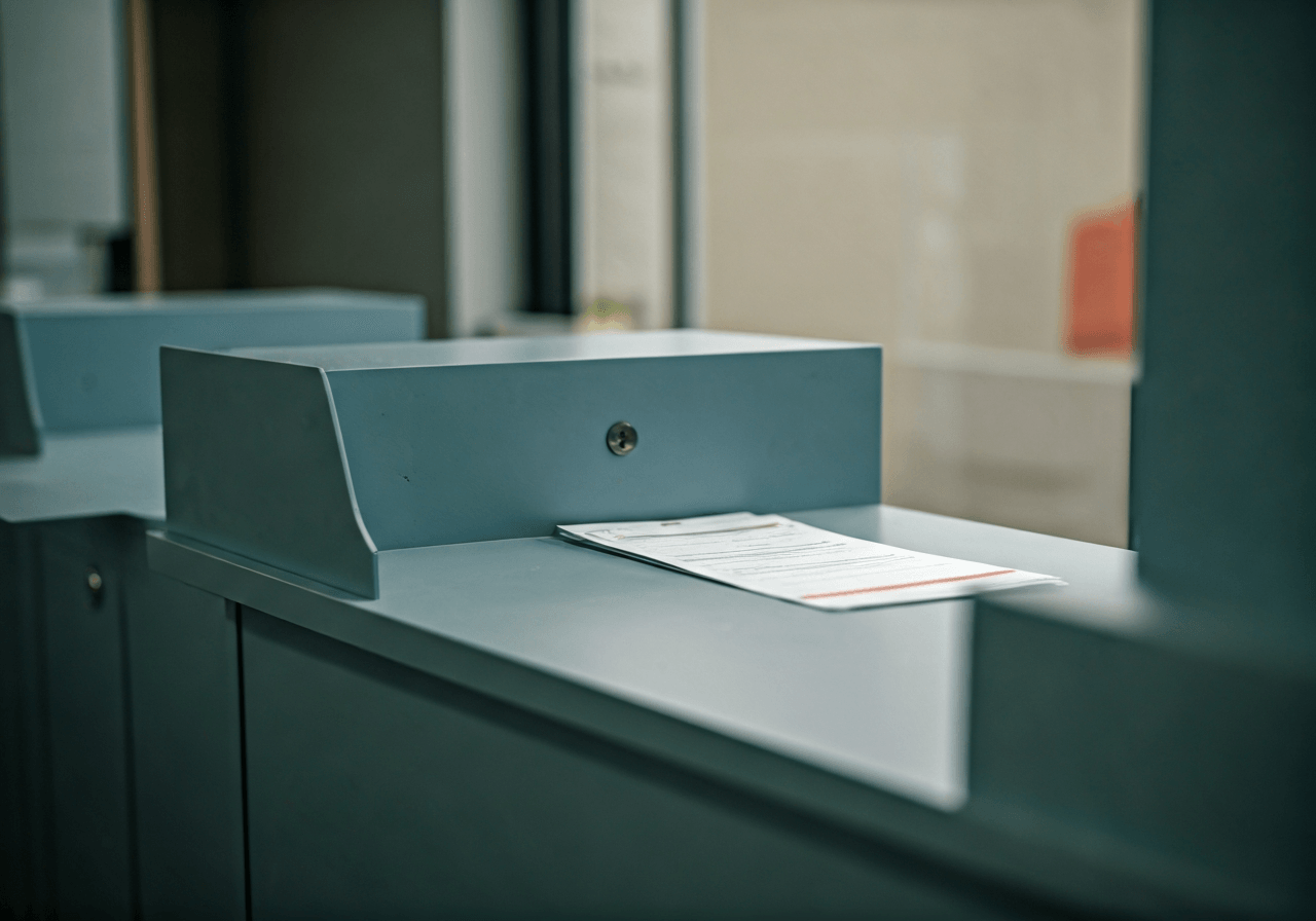 Editorial photography, interior of a modern clean post office counter with organized paperwork, soft natural light, 85mm lens, high quality, professional atmosphere, no text, no words, no letters