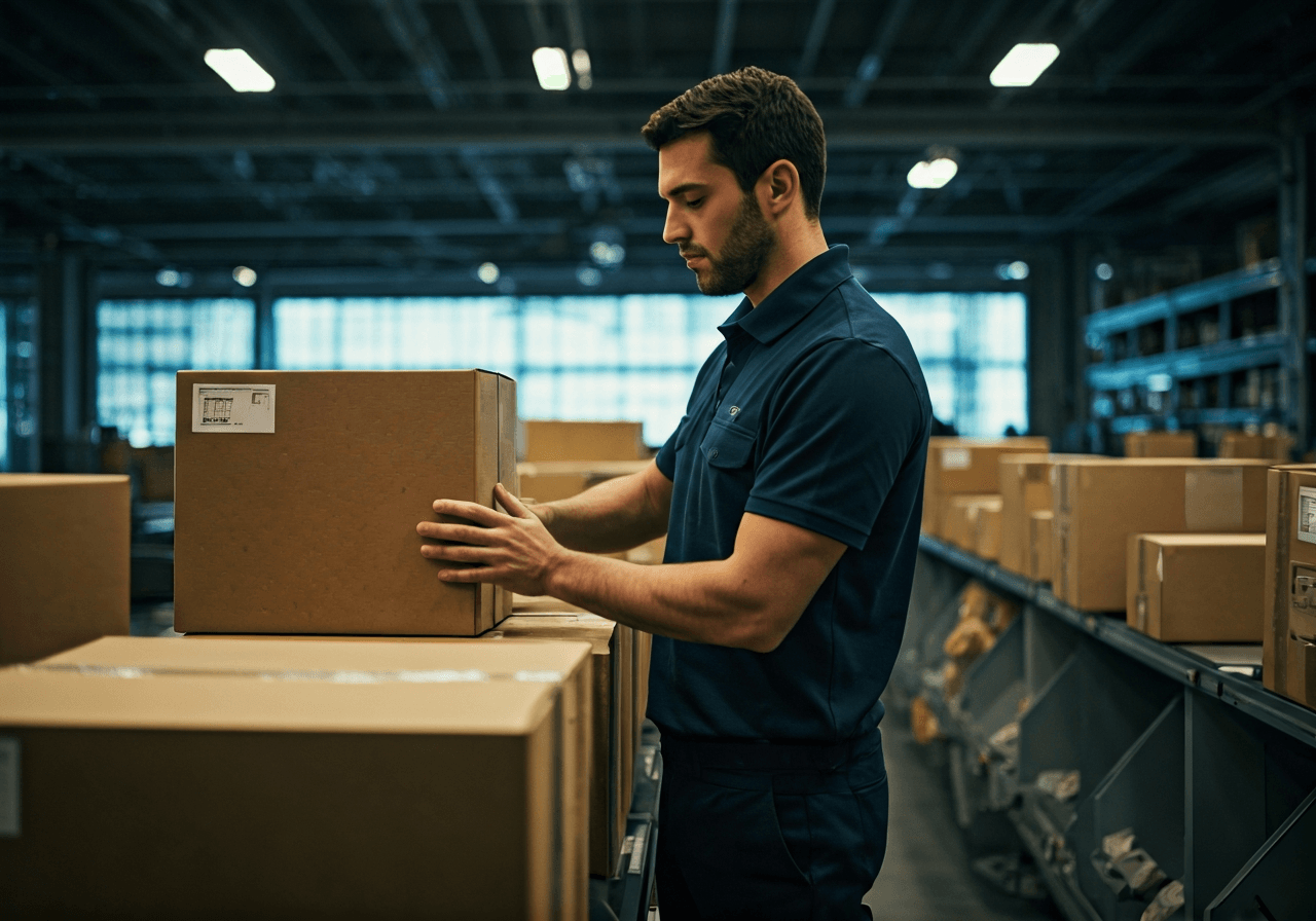 A professional postal worker in a crisp uniform sorting packages in a bright, modern logistics facility, cinematic lighting, shallow depth of field, 85mm lens, premium editorial aesthetic, no text, no words, no letters