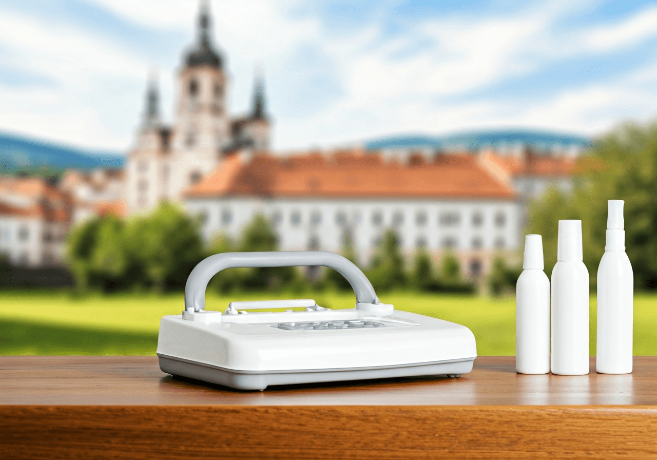 Editorial photography, close-up of a modern medical kit on a clean wooden table in a wellness clinic in Loket, blurred historical city scenery in the background, soft natural light, 85mm lens, high quality, no text, no letters