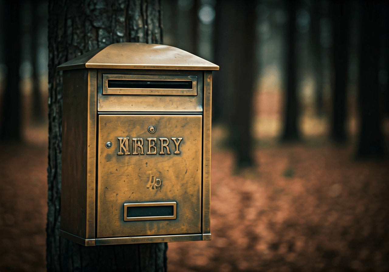 A high-quality editorial shot of a vintage brass mailbox in a serene, forested Czech village setting, soft natural light, shallow depth of field, 85mm lens, premium aesthetic, no text, no letters