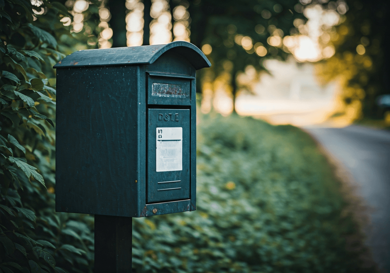 A high-quality, modern photograph of a rural post office mailbox in the Czech countryside, surrounded by greenery, soft natural morning light, depth of field, 85mm lens, cinematic composition, no text, no words, no letters.