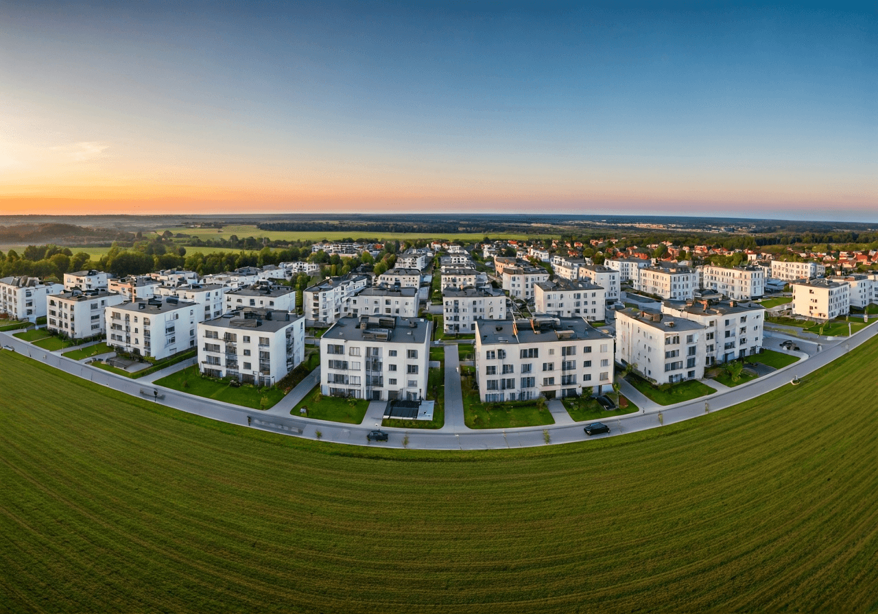 A wide-angle aerial shot of a modern residential neighborhood in Herink, Czech Republic, nestled in green landscape, soft natural morning light, editorial architectural photography, 85mm lens, high resolution, no text, no words, no letters.