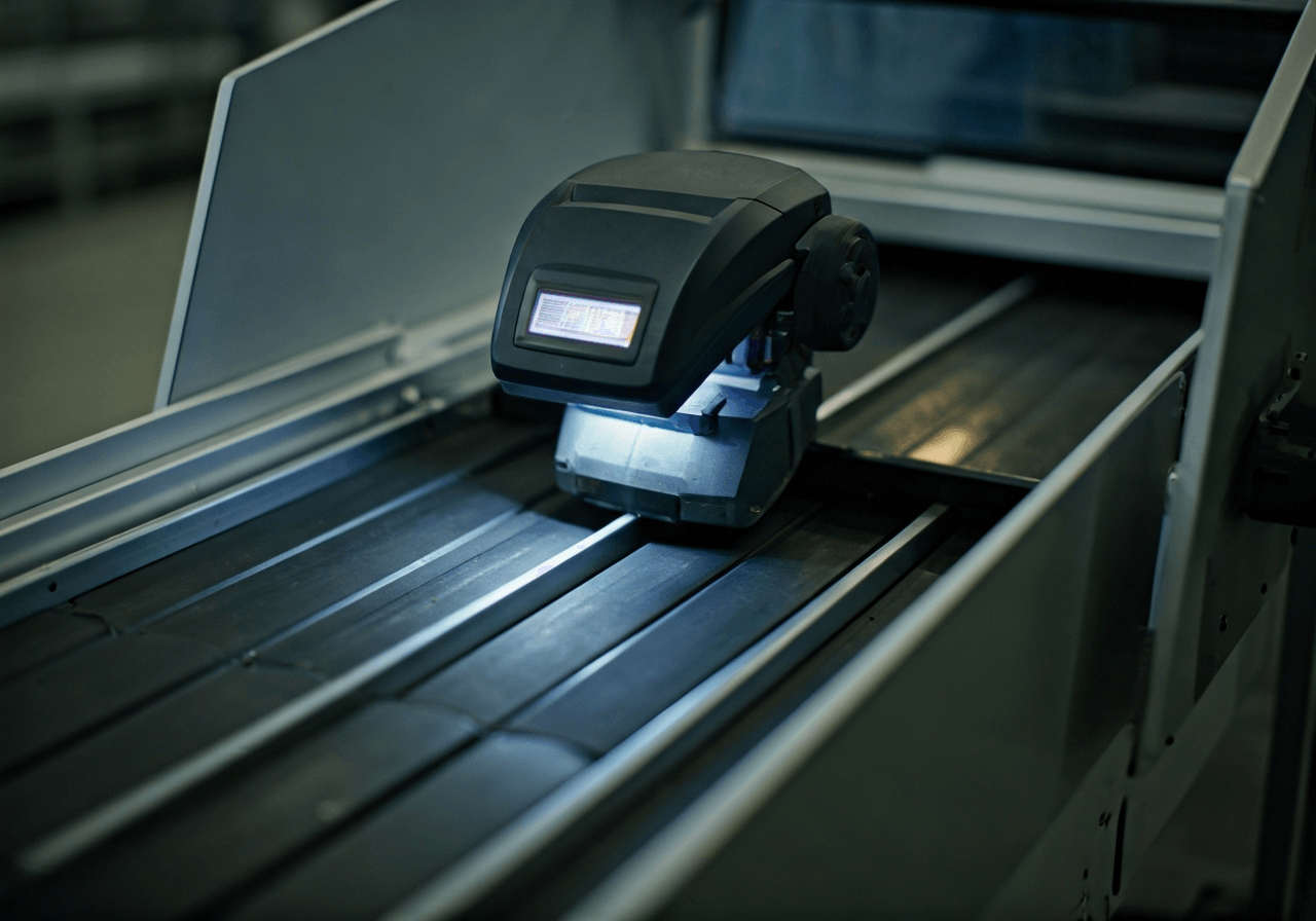 A high-angle close-up shot of a modern automated sorting machine scanning barcodes on parcels, sleek industrial design, soft natural lighting, depth of field, 85mm lens, high quality, no text, no words, no letters.