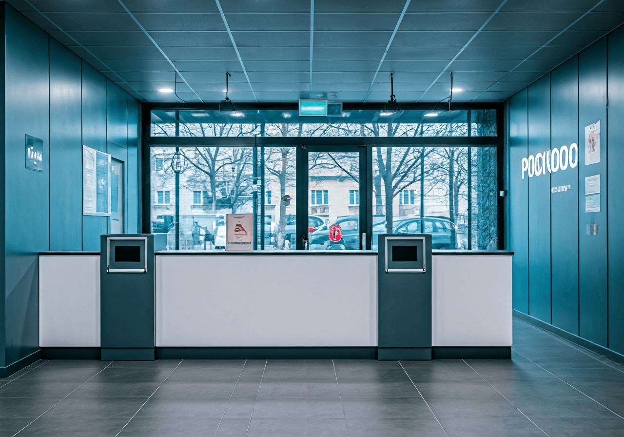 A high-quality editorial shot of a modern parcel pickup point in a small Czech town, bright and minimalist interior, clean signage, soft natural light, 85mm lens, high resolution, no text, no words
